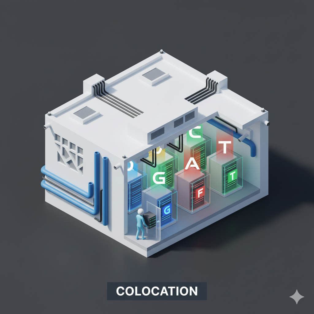 Infographic explaining what is data center colocation, showing multiple companies sharing a data center facility.